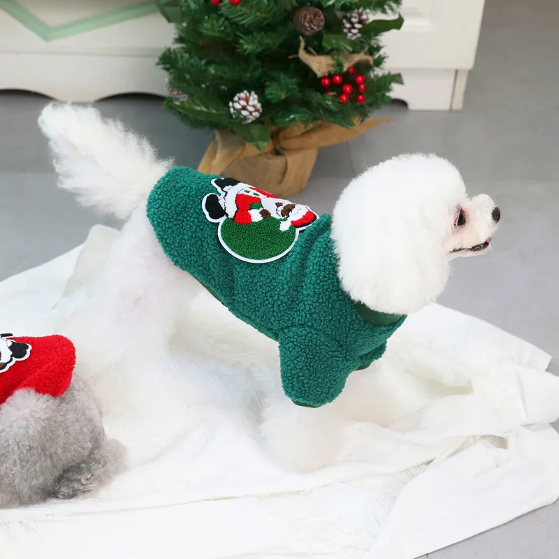 Santa Claus Dog Coat Fleece Pine Tree Reindeer Pompom