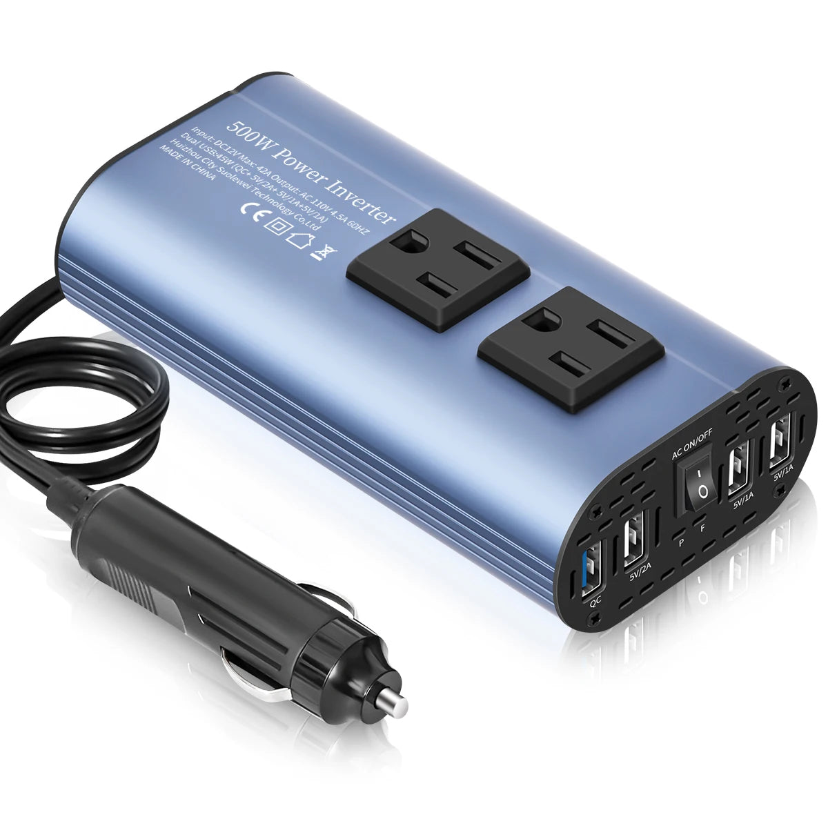 Modified Frequency Inverter Double Receptacle 4USB 500W DC12V To AC110V Ports Car Adapter - Ultimate Objects