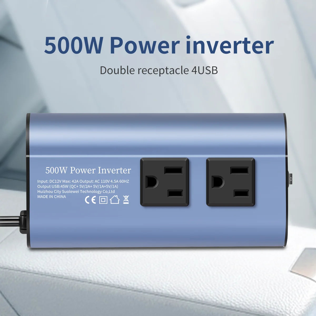 Modified Frequency Inverter Double Receptacle 4USB 500W DC12V To AC110V Ports Car Adapter - Ultimate Objects