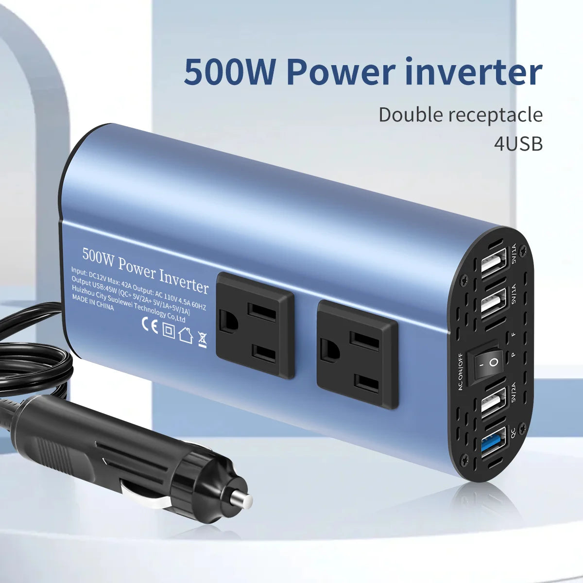 Modified Frequency Inverter Double Receptacle 4USB 500W DC12V To AC110V Ports Car Adapter - Ultimate Objects