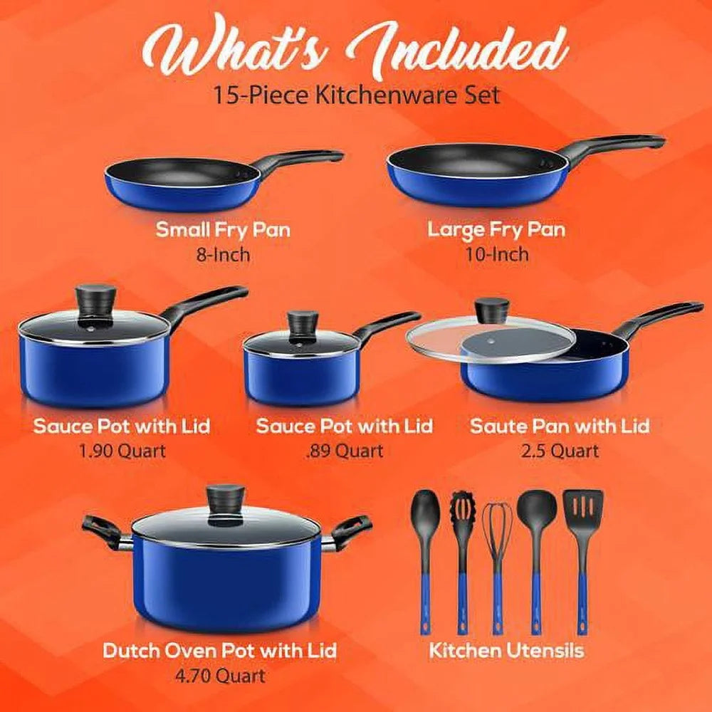 15 Piece Non Stick Cookware Set With Tempered Glass Lids