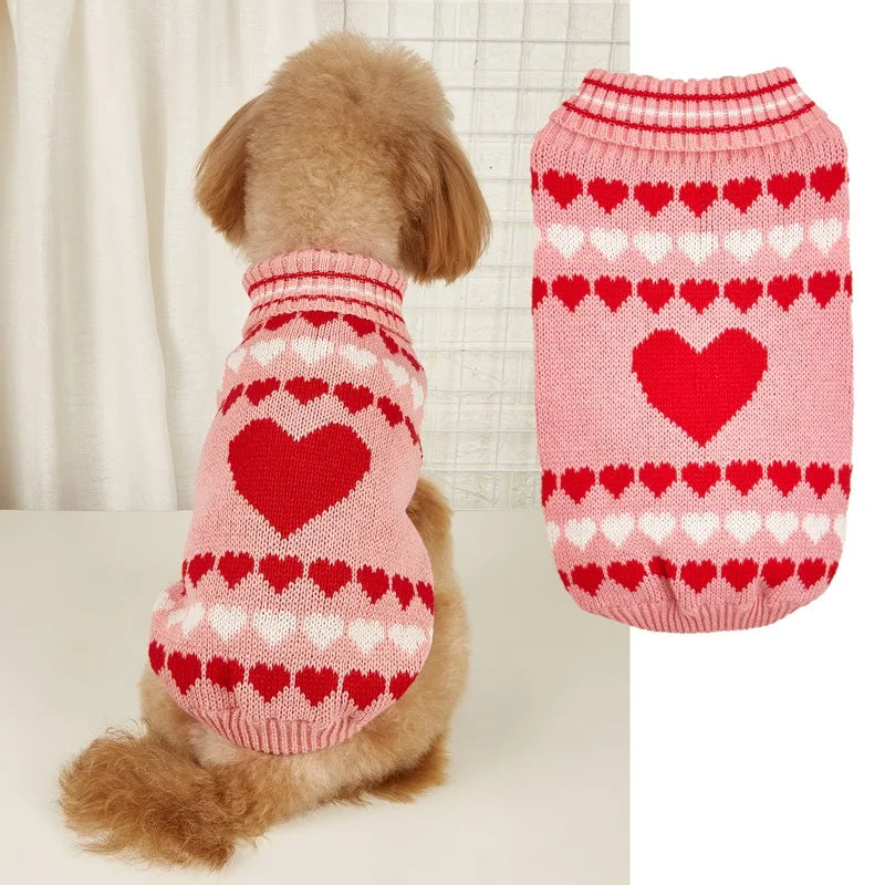 Warm Valentine Heart Jacquard High Collar Dog Sweater Red