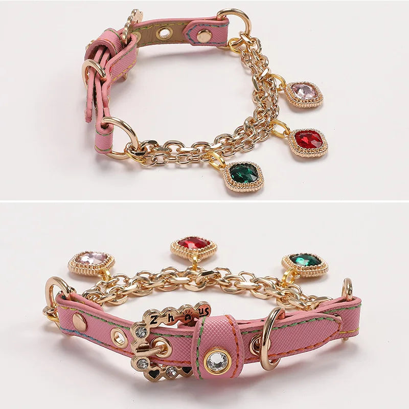 Diamond Studded Pink Nylon Pet Collar With Reflective Strap