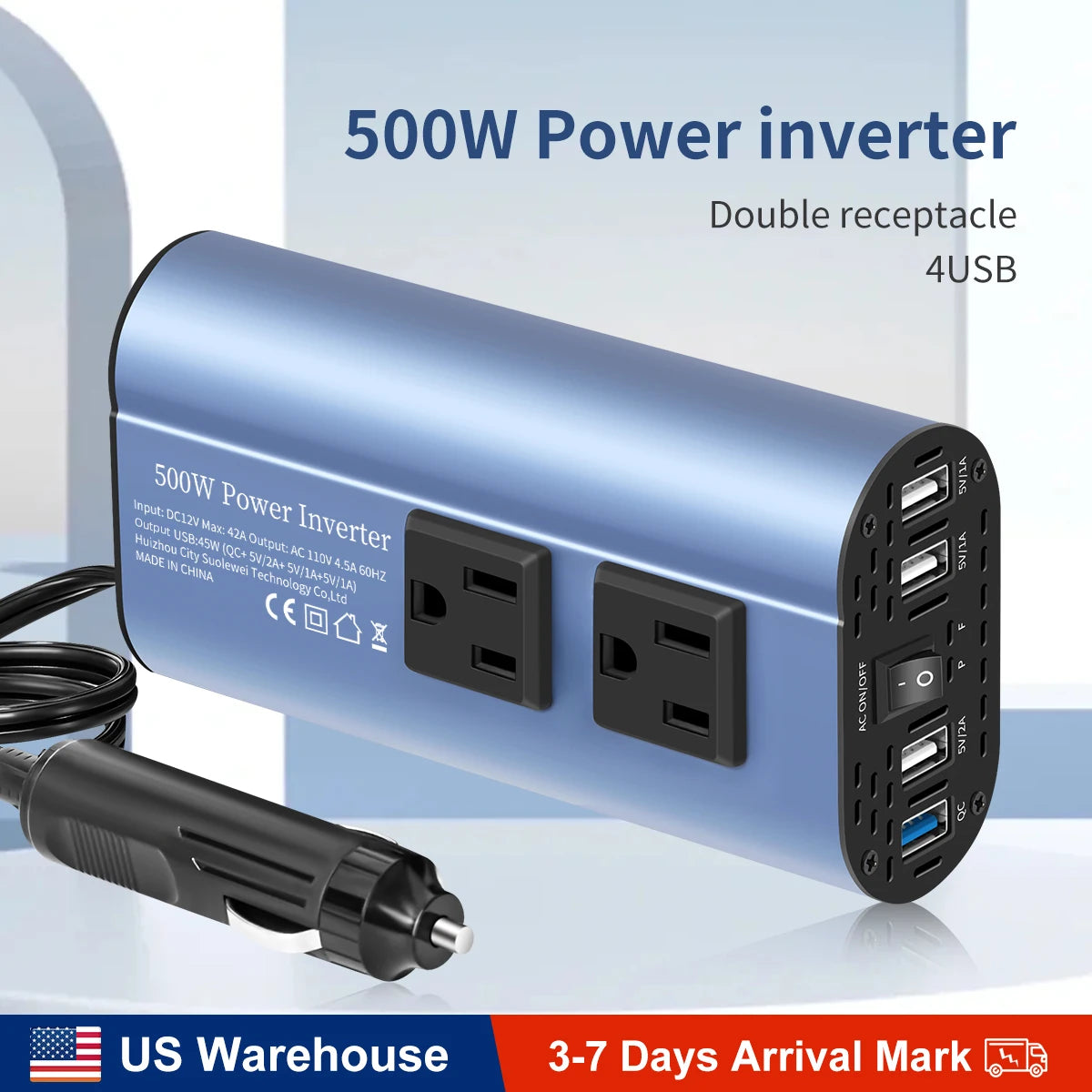 Modified Frequency Inverter Double Receptacle 4USB 500W DC12V To AC110V Ports Car Adapter - Ultimate Objects