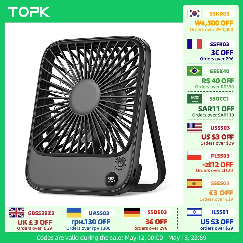 Topk Rechargeable Portable Fan Usb Camping 2000mAh Silent