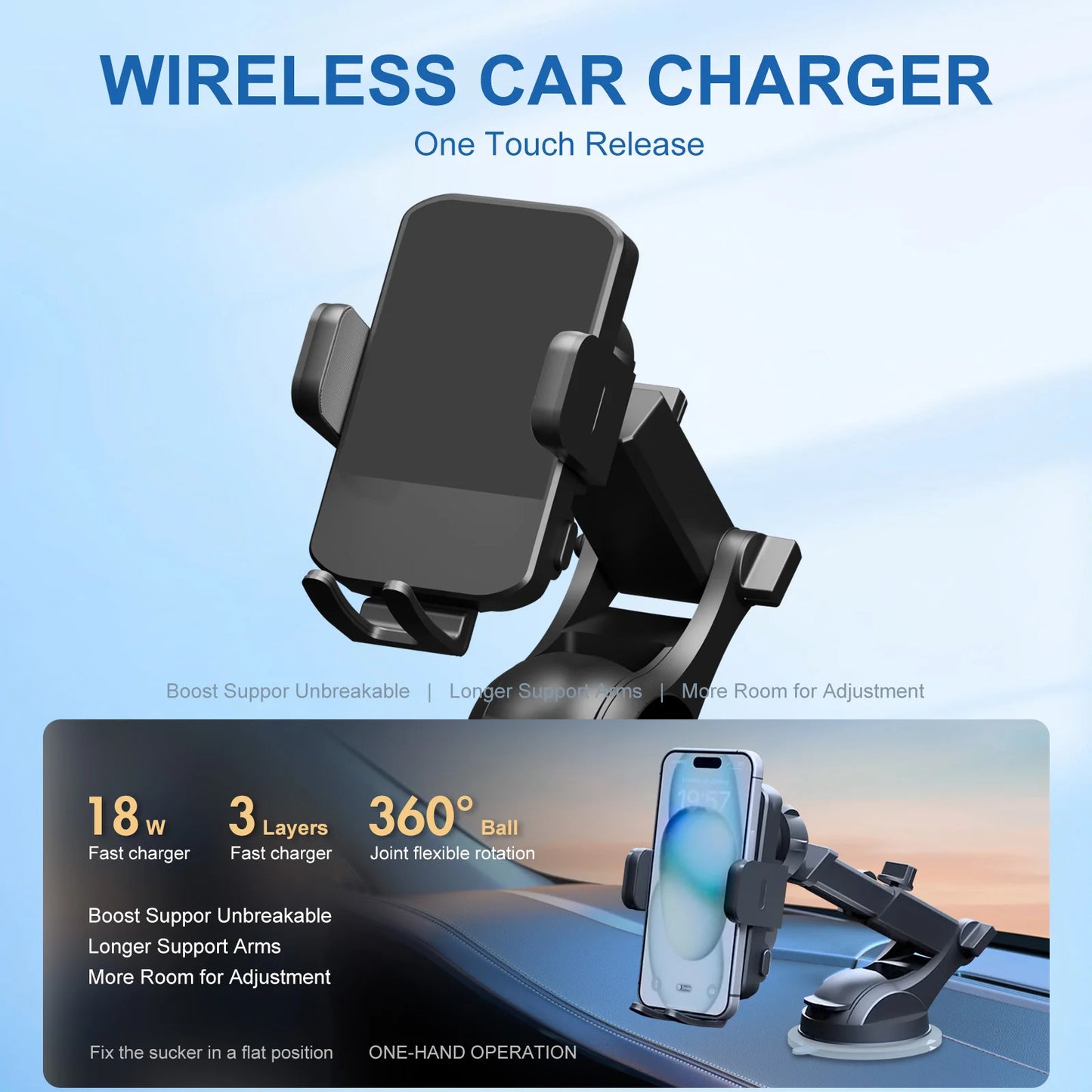 Wireless Car Charger Phone Holder 15W Fast Charge Mount