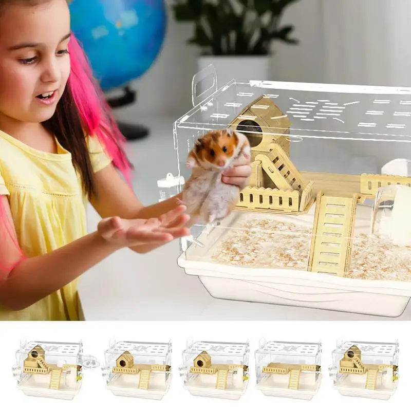 Acrylic Hamster Cage Wooden Small Animal 2 Layer House