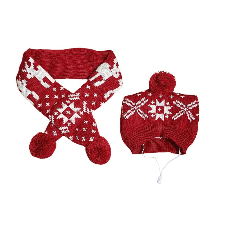 Warm Knitted Dog Scarf Hat Set Christmas Plaid Snowflake Pom Pom