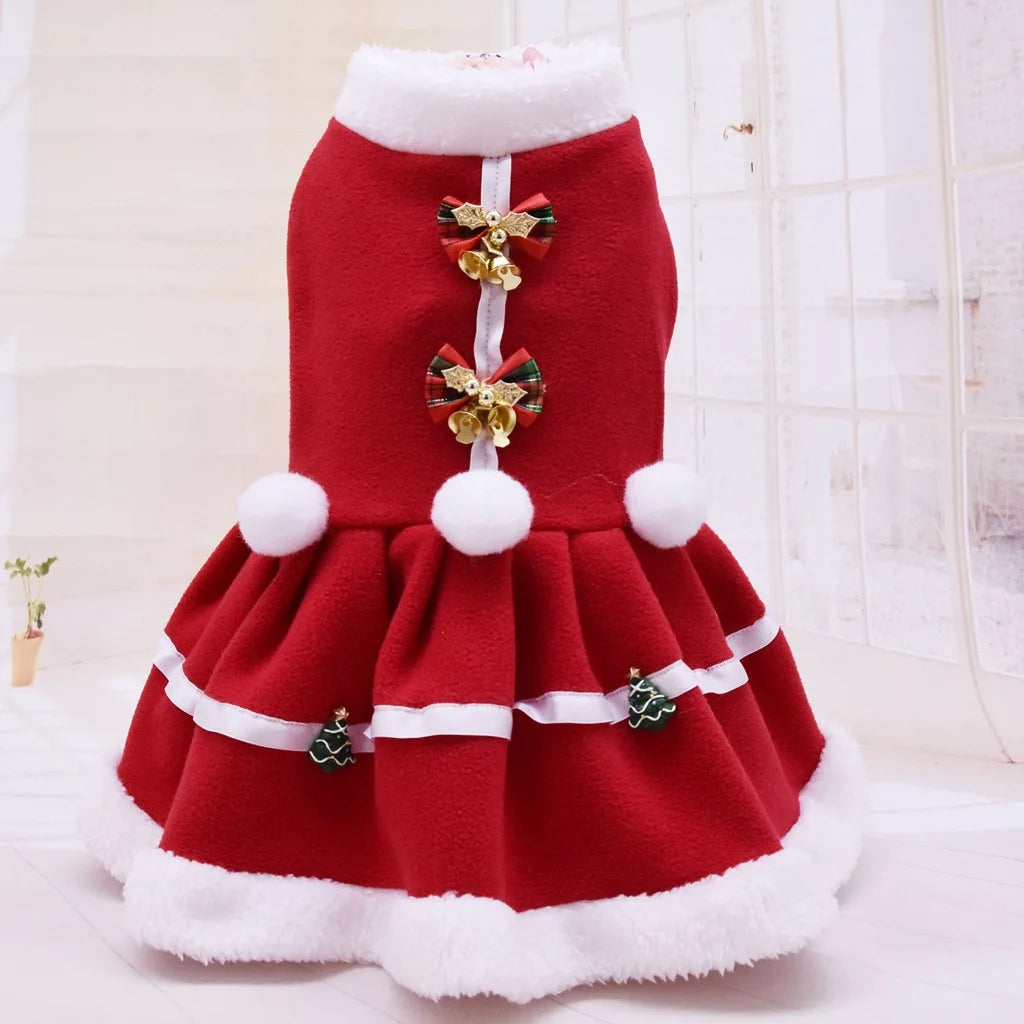 Red Velvet Bow Bell Dog Christmas Dress for Autumn Winter
