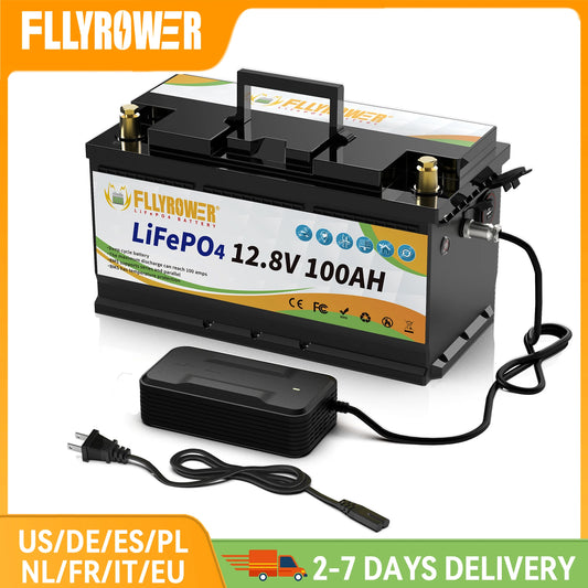 FLLYROWTH 12V 100Ah LiFePo4 Lithium Battery Pack 100A BMS For RV Boat Motors Inverter Solar Wind