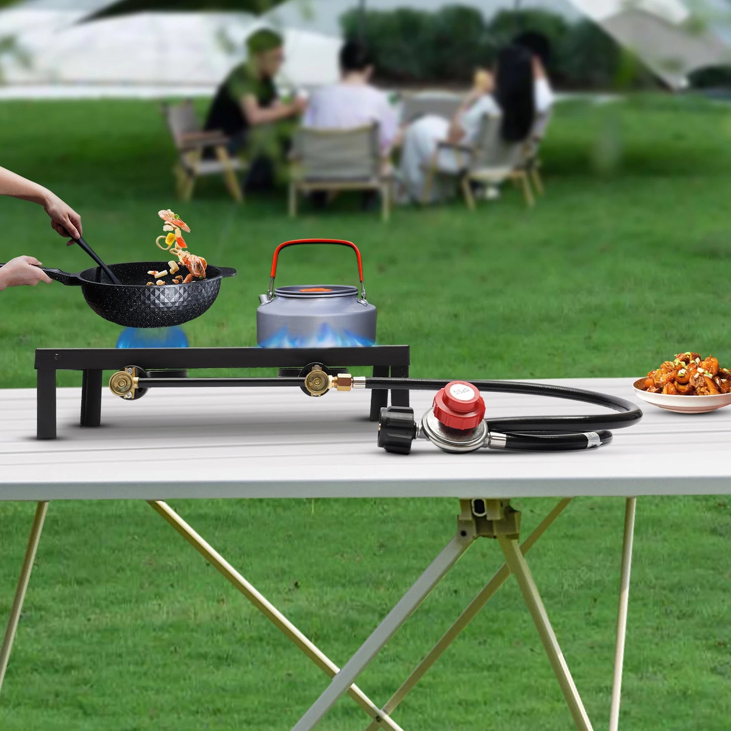 Portable Double Burner Outdoor Gas Stove Propane Cooker With Adjustable Regulator Hose For Patio Camping BBQ
