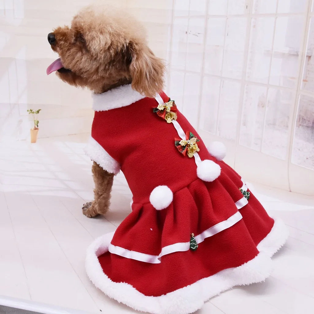 Red Velvet Bow Bell Dog Christmas Dress for Autumn Winter