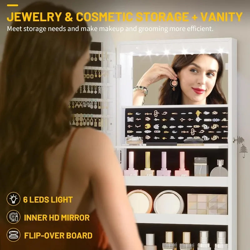 LED Mirror Jewelry Cabinet Wall Mount Armoire Lockable