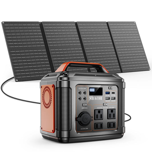 300W Portable Power Station 296Wh 80000mAh Camping Solar Generator Emergency Lithium Battery For Outages Black With Solar Panel