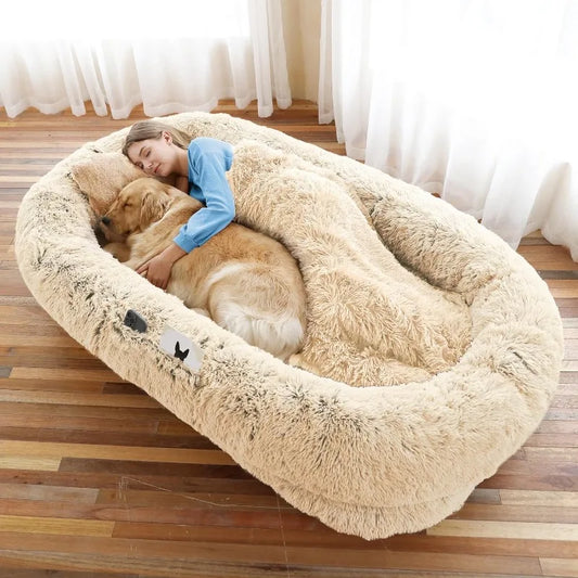 Human Dog Bed 71 Inch Orthopedic Faux Fur Washable Beige