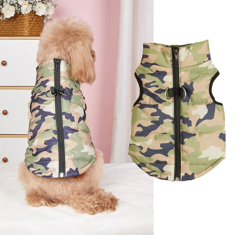 Winter Padded Pet Vest Jacket Leash Hole Camouflage Print