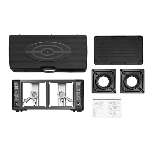 2 In 1 2 Burner Portable Camping Stove Butane Camping Stove Kit with Baking Pan and Carrying Case Auto Ignition Camping Burner LPG