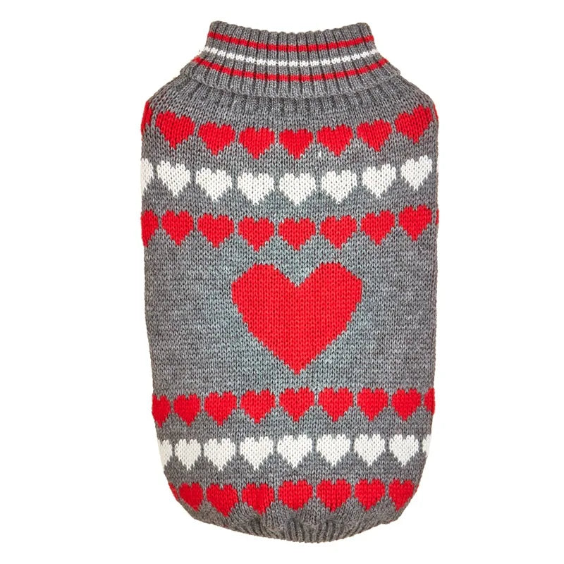 Valentine Heart Jacquard High Collar Dog Sweater Red Grey