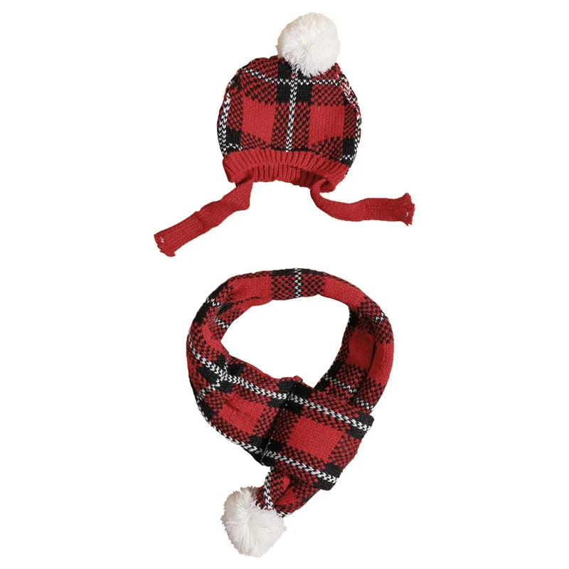 Warm Knitted Dog Scarf Hat Set Christmas Plaid Snowflake Pom Pom