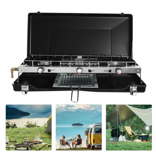 3 Burner Gas Camping Stove Portable Camping Cooking Stove with Regulator Outdoor Gas Stove for Car Camping BBQ