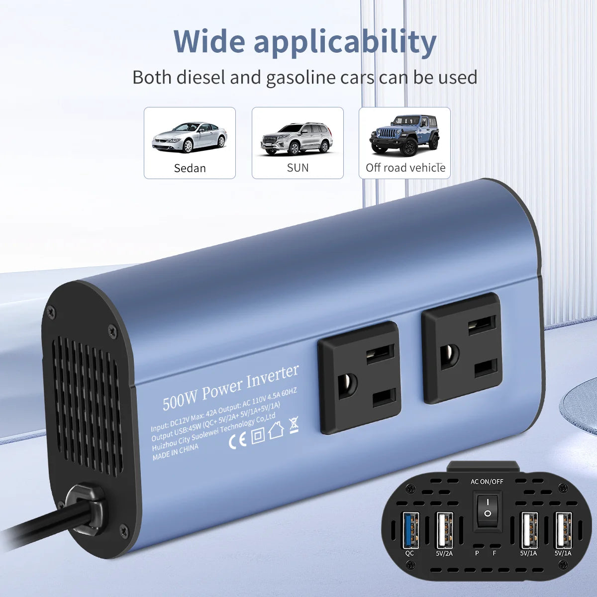 Modified Frequency Inverter Double Receptacle 4USB 500W DC12V To AC110V Ports Car Adapter - Ultimate Objects
