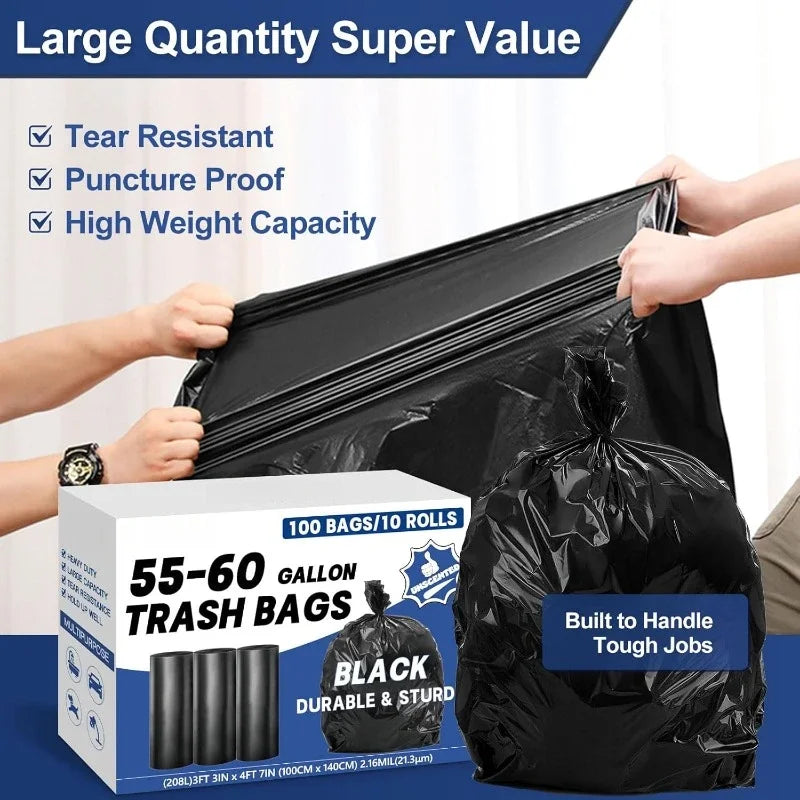 55-60 Gal Heavy Duty Trash Bags 2.1MilBlack Unscented 100 Ct