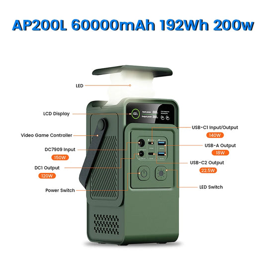 Ctolity AP200L 200W Power Bank 192Wh Lifepo4 Battery 60000mAh Solar Generator Portable Power Station for Camping with LED Light