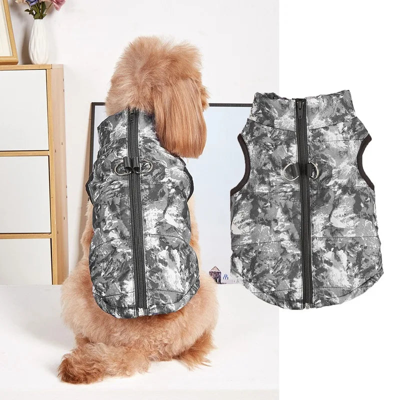Winter Padded Pet Vest Jacket Leash Hole Camouflage Print
