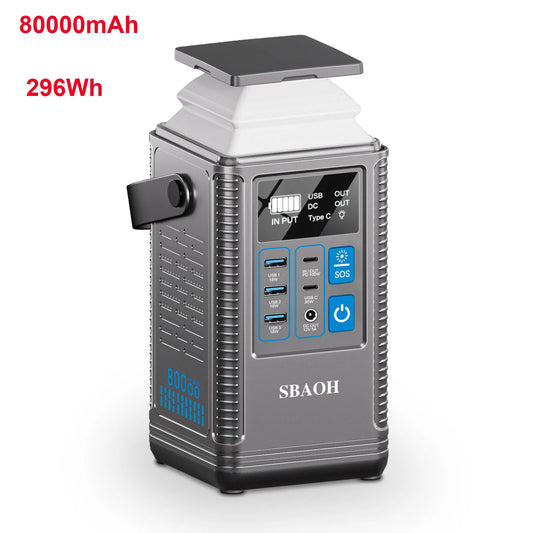 SBAOH Portable Power Station 296Wh 80000mAh 100W PD Fast Charge Outdoor Generator DC Output 12V 5A CPAP Compatible LED Flashlight Lithium Battery