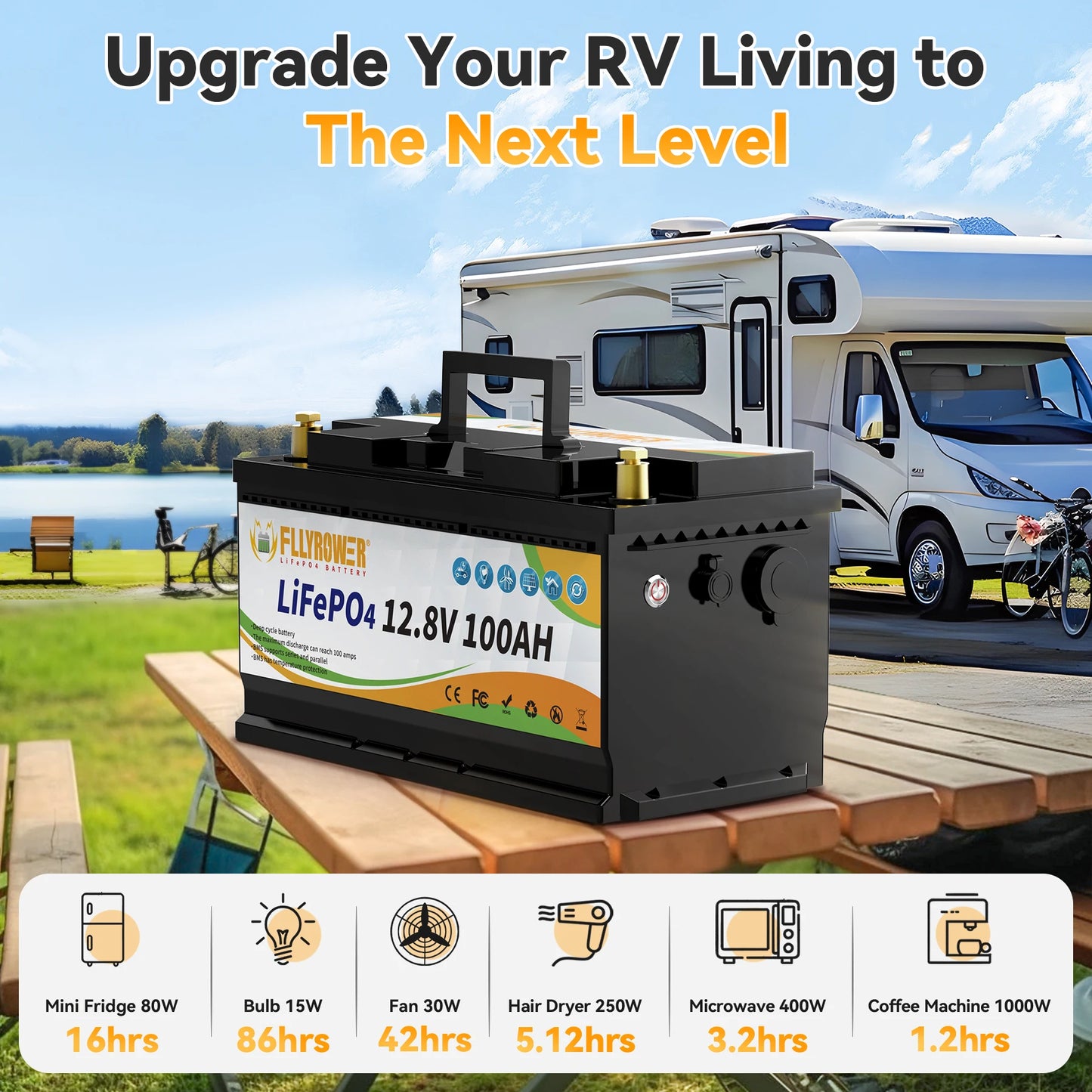 FLLYROWTH 12V 100Ah LiFePo4 Lithium Battery Pack 100A BMS For RV Boat Motors Inverter Solar Wind
