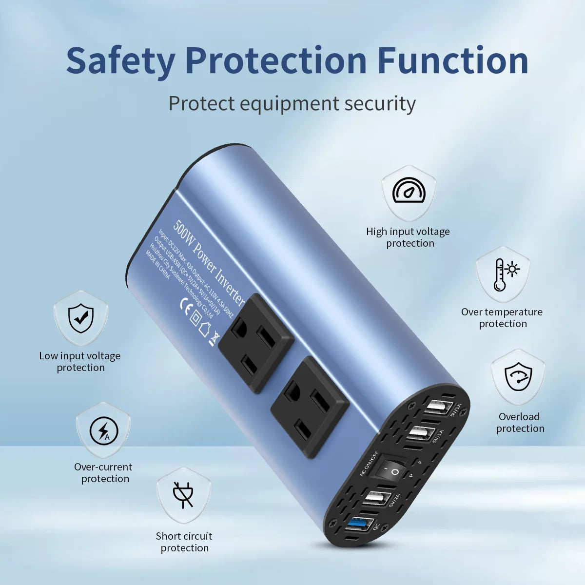 Modified Frequency Inverter Double Receptacle 4USB 500W DC12V To AC110V Ports Car Adapter - Ultimate Objects