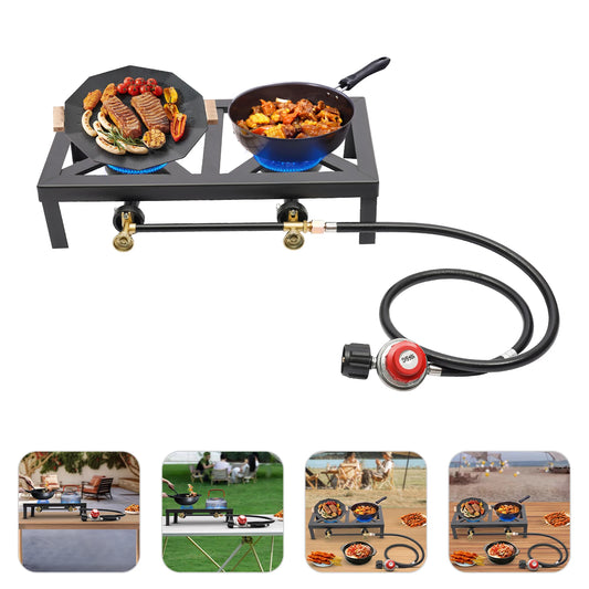 Portable Double Burner Outdoor Gas Stove Propane Cooker With Adjustable Regulator Hose For Patio Camping BBQ