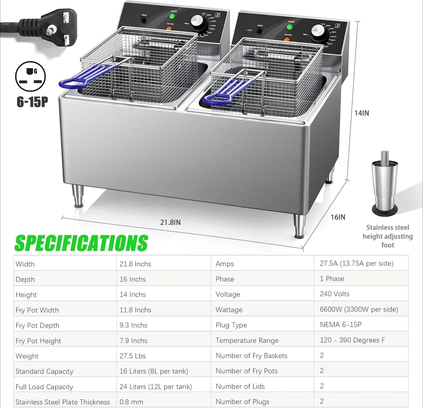 Dual Tank Commercial Deep Fryer 12L 25 Qt Two Baskets