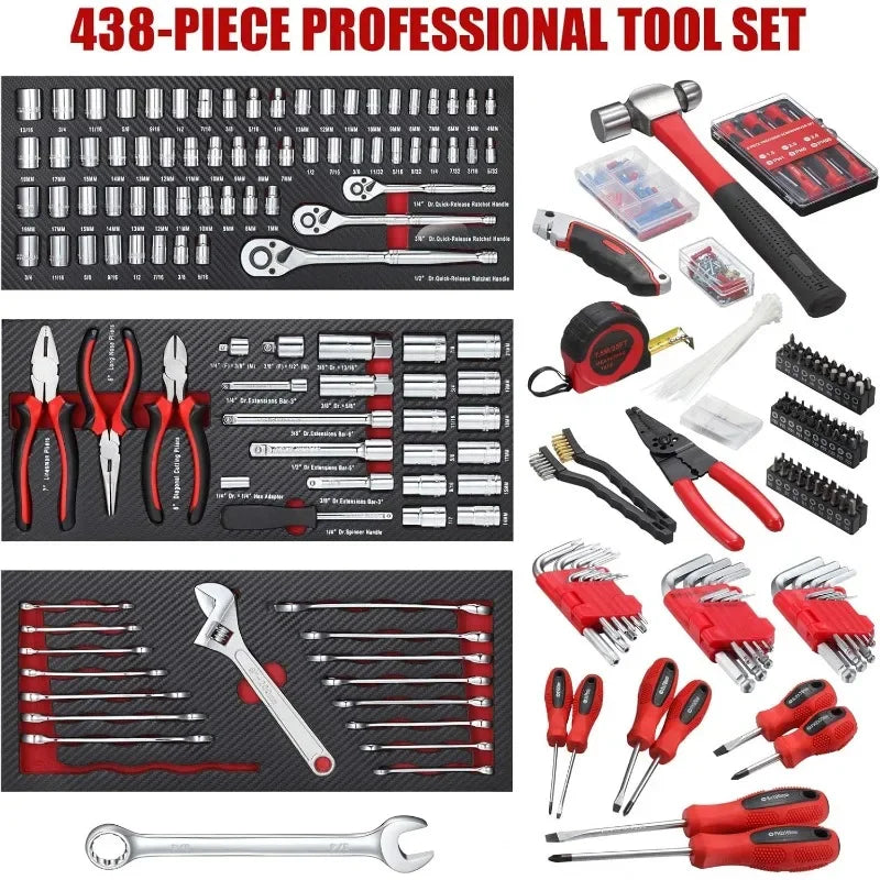 438 Piece Mechanics Tool Set With 3 Drawer Metal Box USA