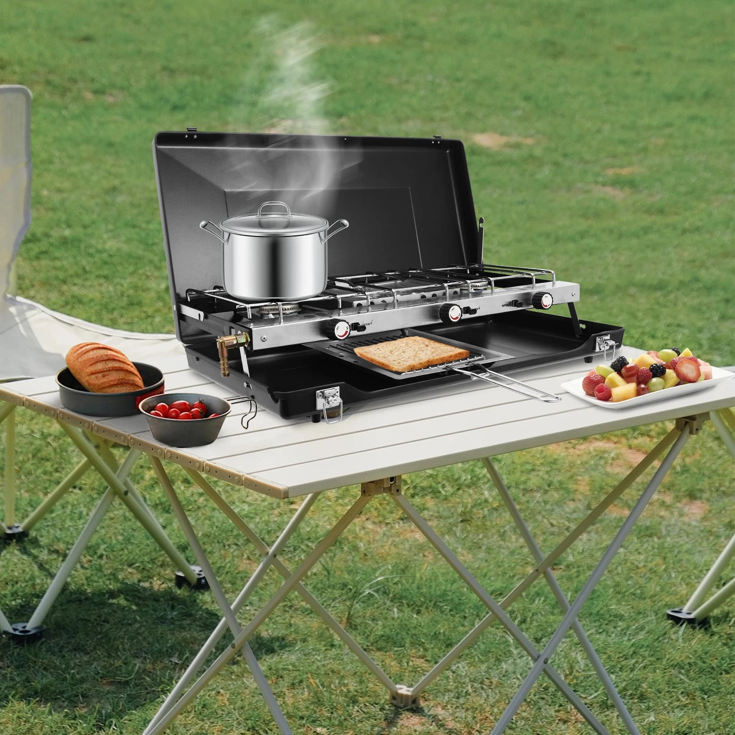 3 Burner Gas Camping Stove Portable Camping Cooking Stove with Regulator Outdoor Gas Stove for Car Camping BBQ