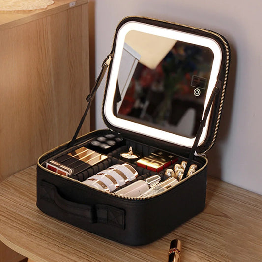 Smart LED Cosmetic Case With Mirror PU Leather Travel Bag