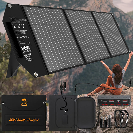 30W Travel Solar Charger Foldable 18V MC4 USB A USB C PD