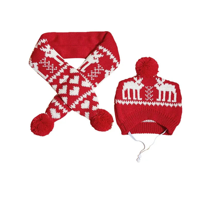 Warm Knitted Dog Scarf Hat Set Christmas Plaid Snowflake Pom Pom