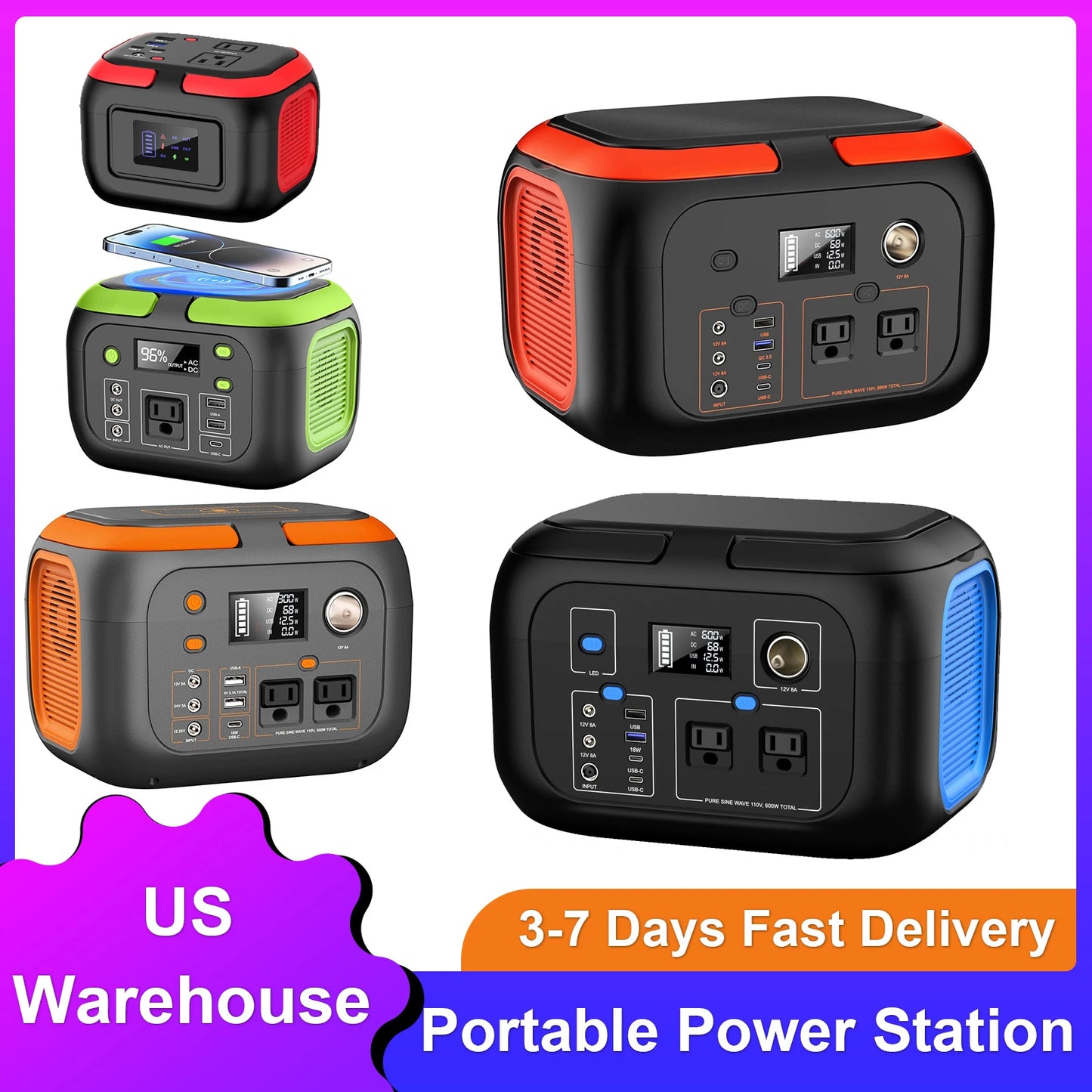 600W 300W 200W 120W Portable Power Station 110V AC Outlets Solar Generator Energy Storage Power Bank for Camping Travel RV Home