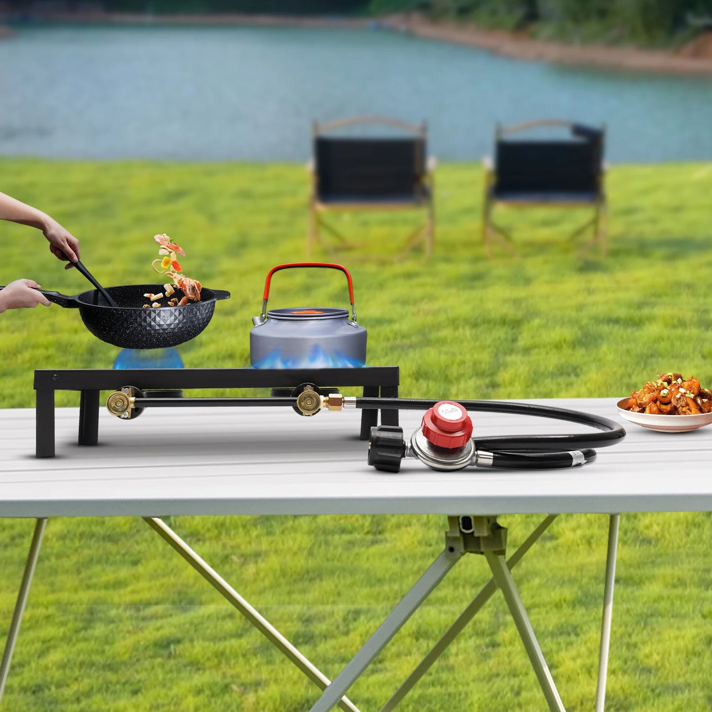 Portable Double Burner Outdoor Gas Stove Propane Cooker With Adjustable Regulator Hose For Patio Camping BBQ