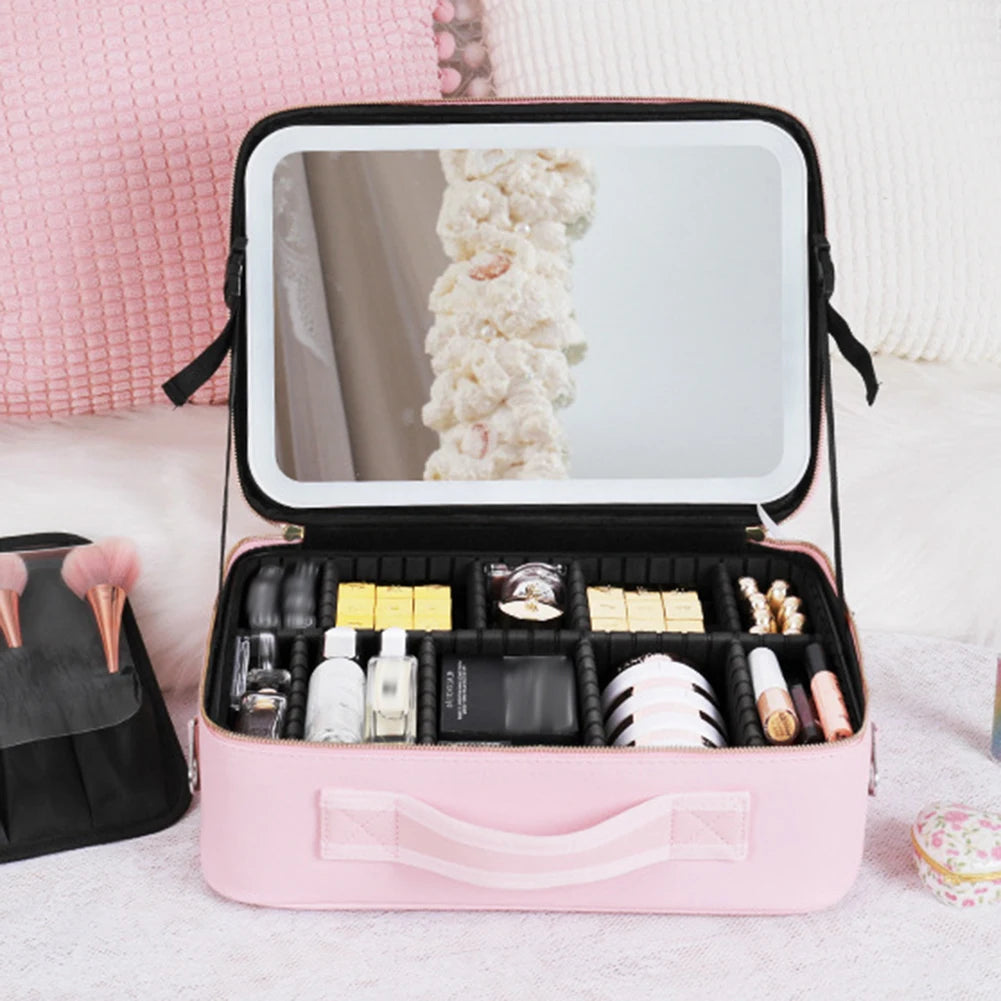 Smart LED Cosmetic Case With Mirror PU Leather Travel Bag