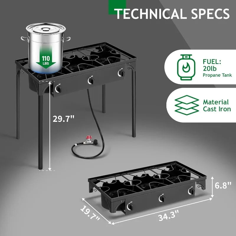 Outvita 3 Burner Propane Gas Stove for Outdoor Cooking 225000 BTU Camping Cooker with Removable Legs