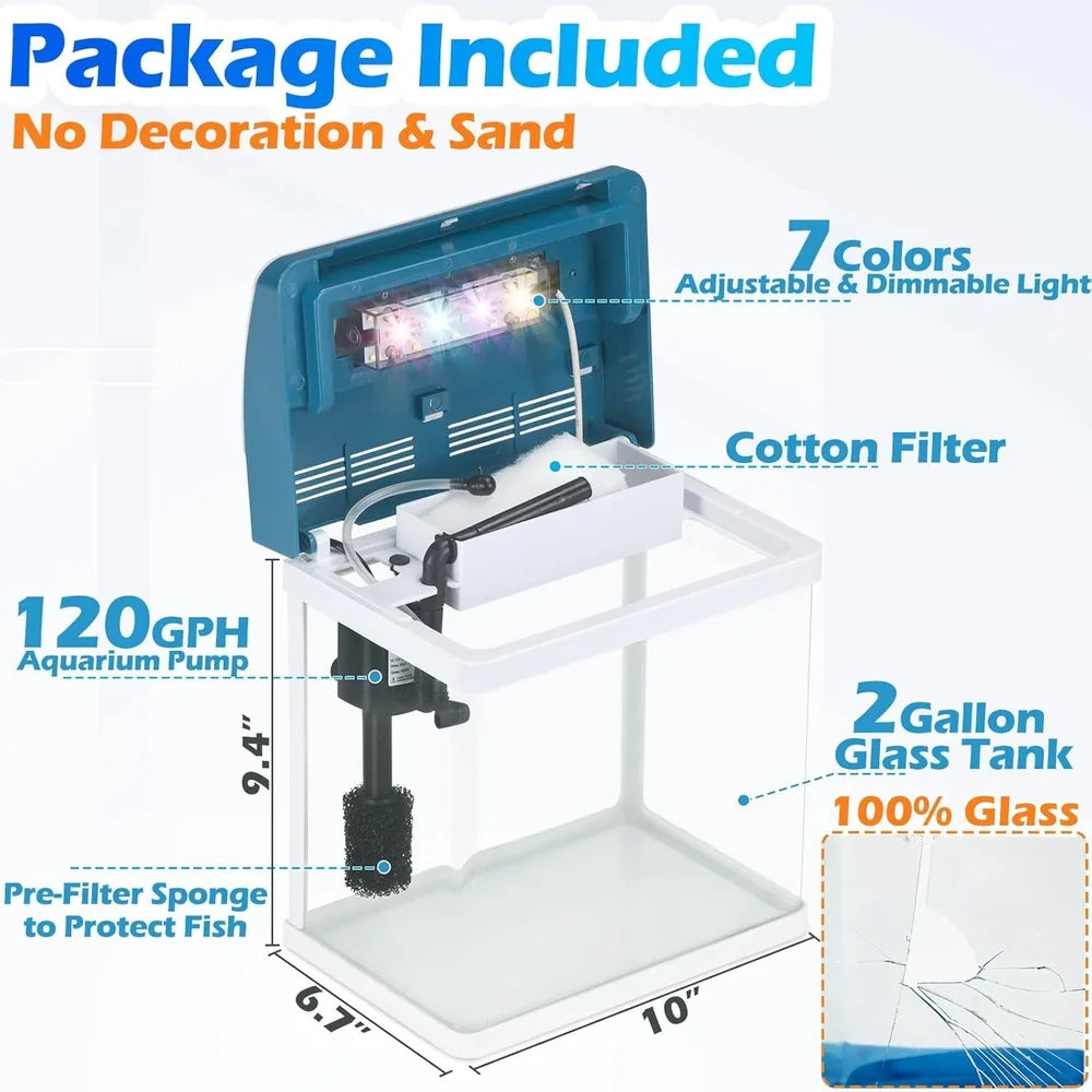 2 Gallon Glass Aquarium Starter Kit With Colorful LED Light