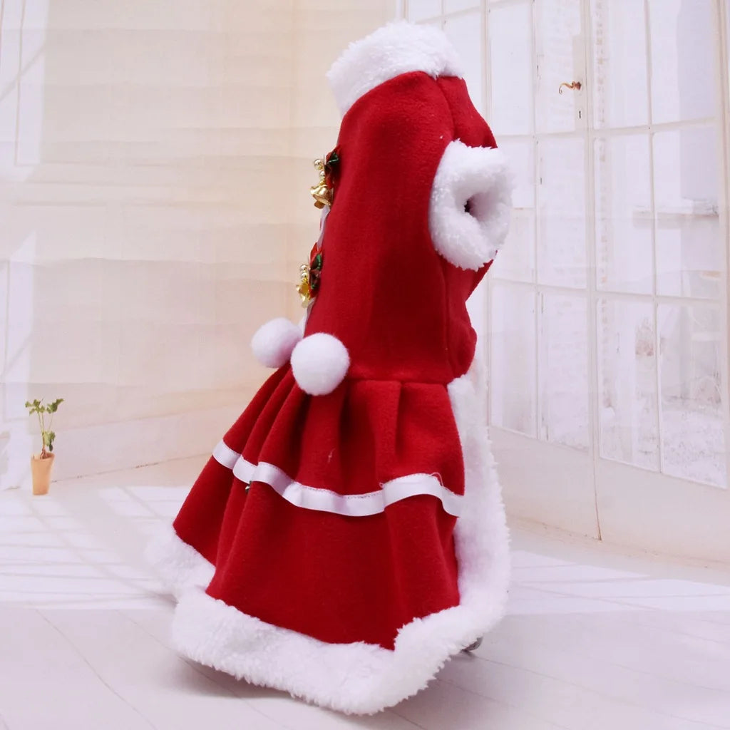 Red Velvet Bow Bell Dog Christmas Dress for Autumn Winter