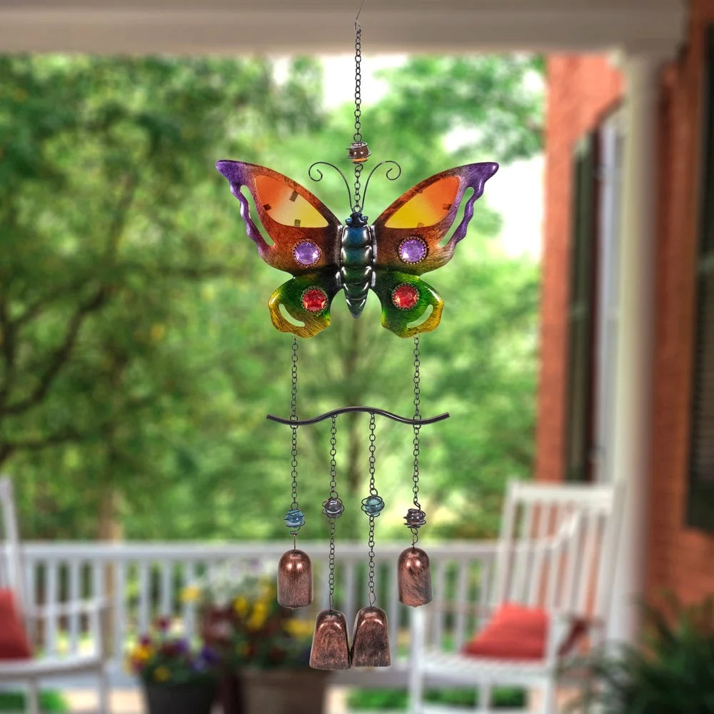 24 Inch Butterfly Wind Chime Outdoor Decor With Faux Jewels