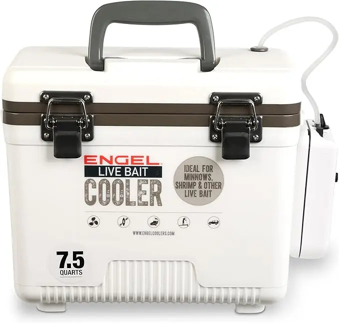 Engel Live Bait Cooler Box 75 Quart With Second Gen 2 Speed Aerator Pump Portable Fishing Station Minnow Bucket With Removable Net Battery Operated Pump