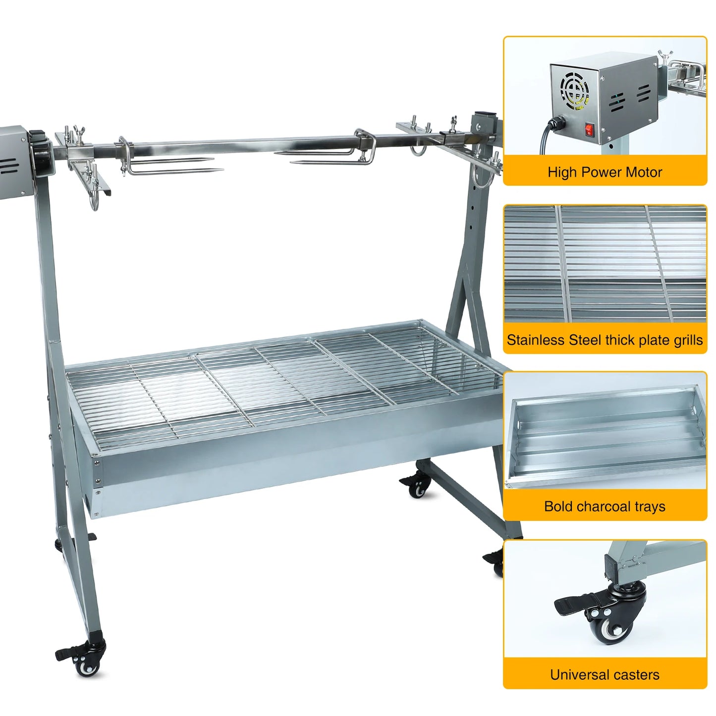 25W Motor Small Pig Lamb Rotisserie Roaster 60kg BBQ Charcoal Rotisserie Grill for Camping Outdoor Kitchen
