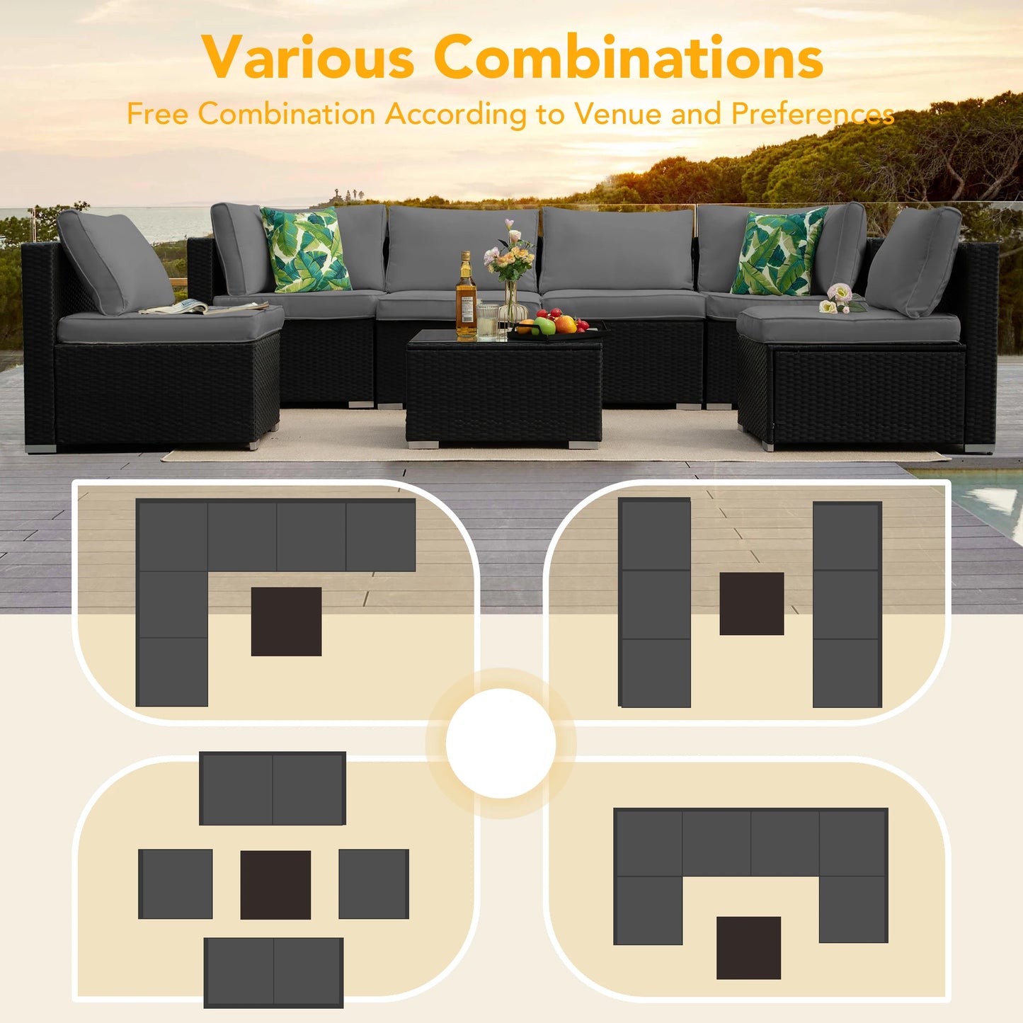 Outdoor Naga Bahna Patio Furniture 8 Piece Sectional Sofa