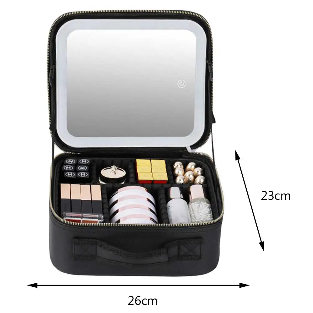 Smart LED Cosmetic Case With Mirror PU Leather Travel Bag