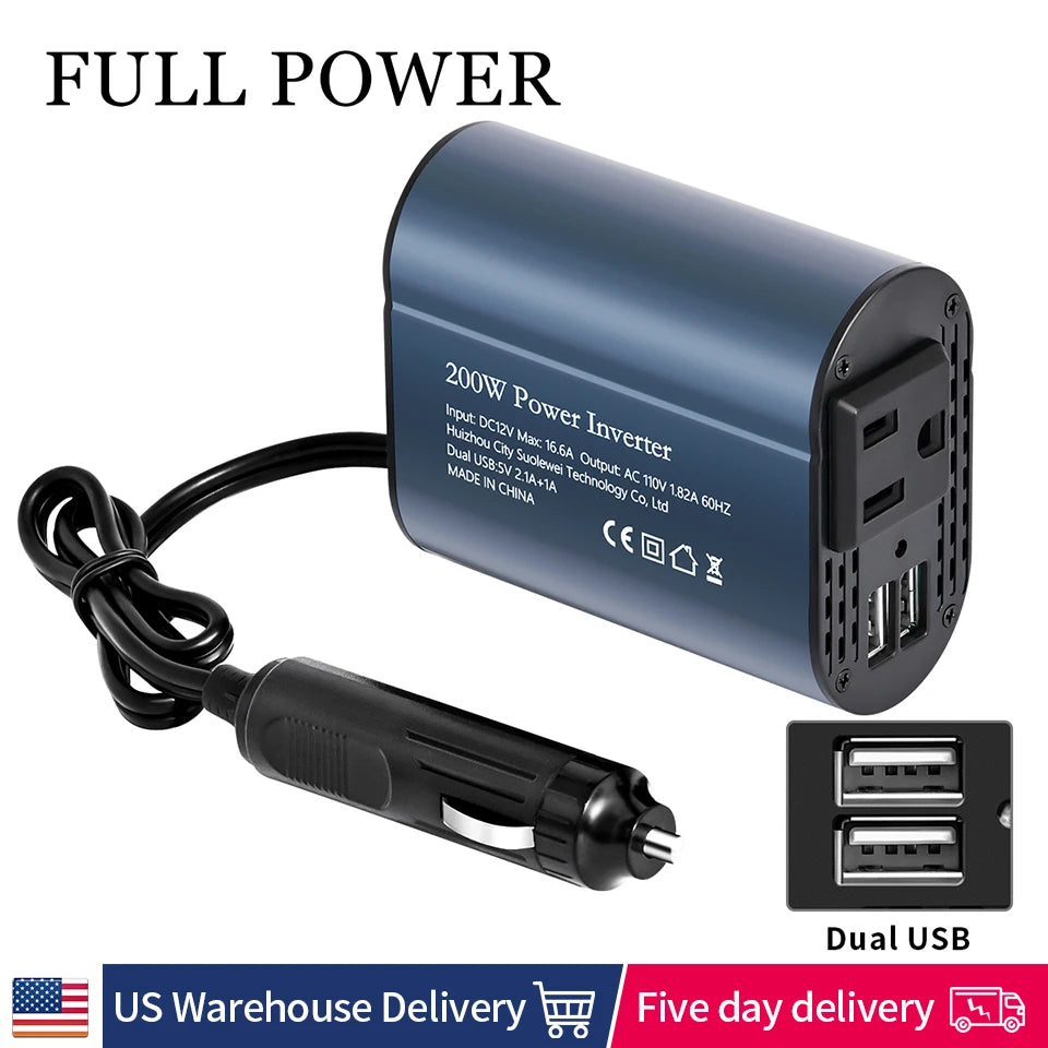 200W Multi-socket DC 12V to AC 110V US Socket Inverter - Ultimate Objects